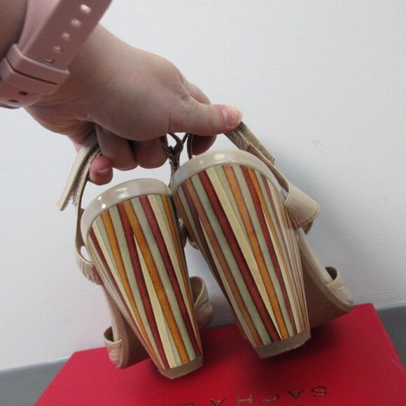 Miz Mooz Marnie High Heels Sandals Leather Strap 7 Beige Block y2k Stripe 520 - Picture 6 of 15